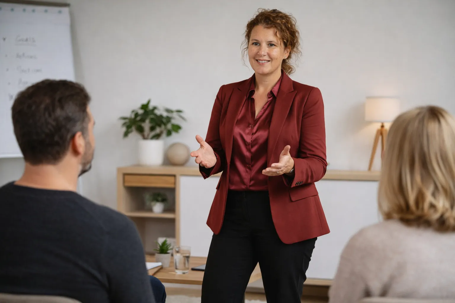 Melissa geeft uitleg aan twee deelnemers in een trainingsruimte