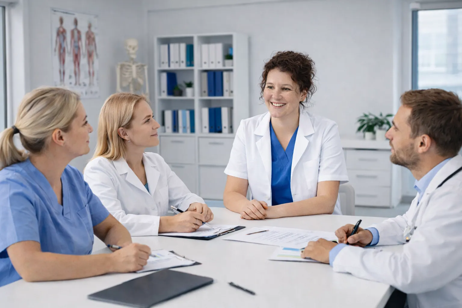 Melissa in gesprek met een zorgteam in de vergaderruimte