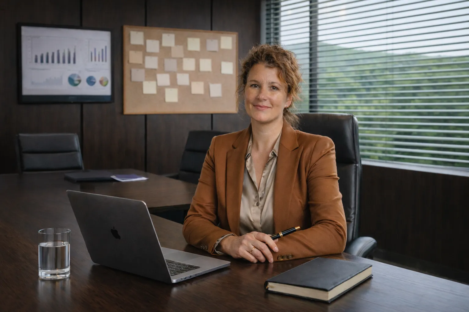Melissa aan de bestuurstafel met laptop en notitieboek